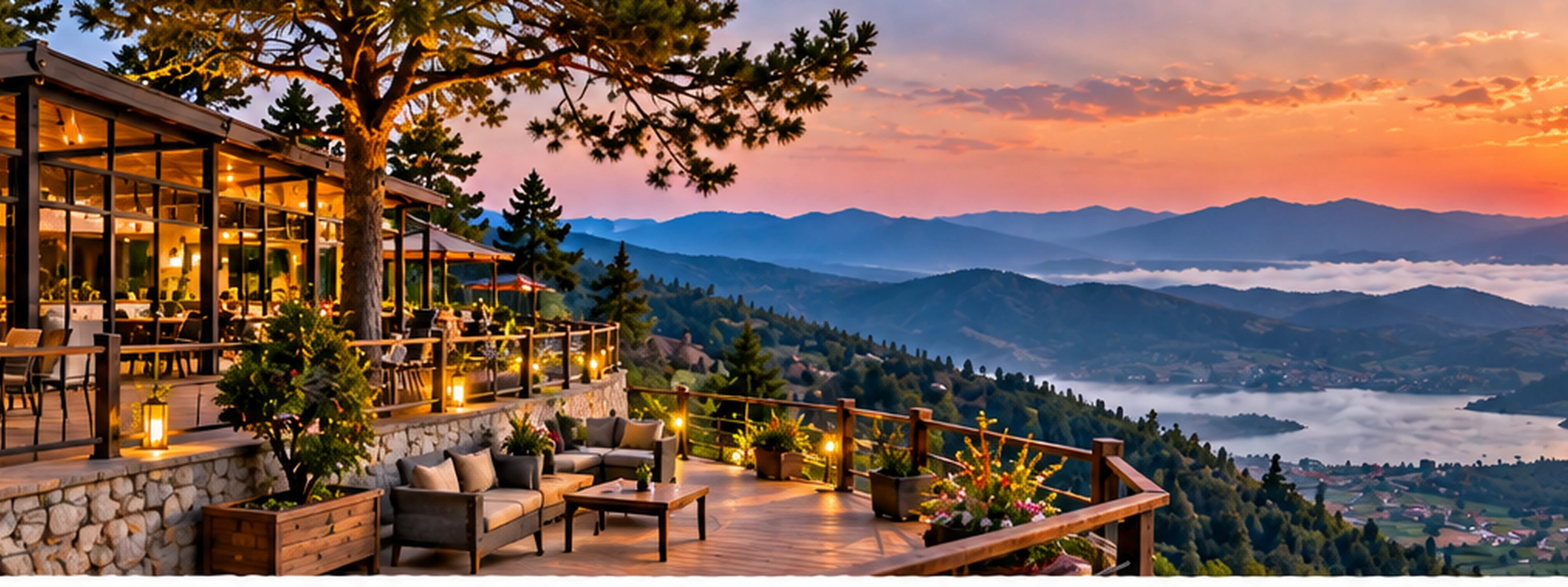 Panoramik tepe manzarası, orman ve seyir terası